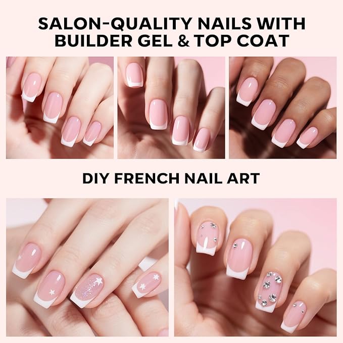 modelones French Tip Press on Nails, Short Square Fake Nails with Nail Box, Pink & White Gel Nail Tips for Women, Soft Glue-On Nails for Natural Salon Look, DIY Nail Art Kit-VivaGrace Women
