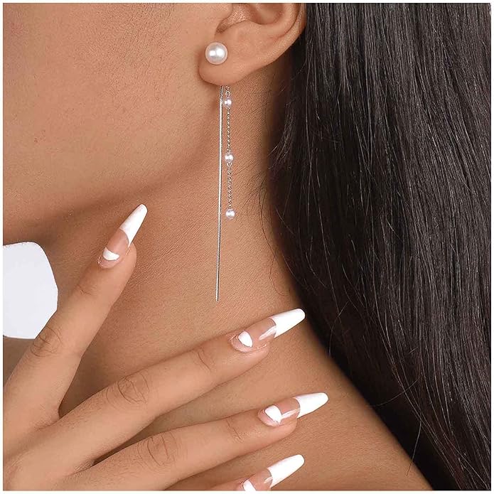 Vintage Pearl Dangle Earrings Long Pearl Chain Earrings Silver Pearl Tassel Drop Earrings Tiny Pearl Bridal Earrings Jewelry for Women-VivaGrace Women