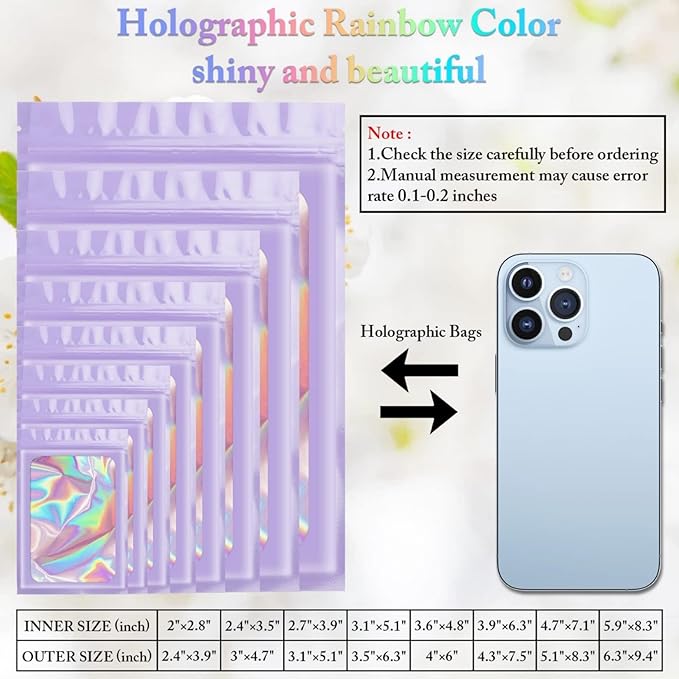 100 Pack Holographic Bags, Packaging Bags, Clear Window Resealable Odor Foil Pouch Bag for Food Storage and Lipgloss, Jewelry Lash (Purple, 4 x 6 Inch)-VivaGrace Women
