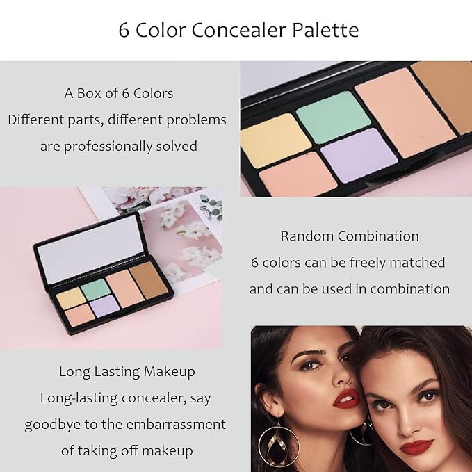 Concealer Contour Palette, 6 In 1 Color Correcting Concealer Contour Makeup Palette, Contouring Foundation Highlighting Makeup Kit for Dark Circles, Blemish With 2 Packs Brush (1#)-VivaGrace Women