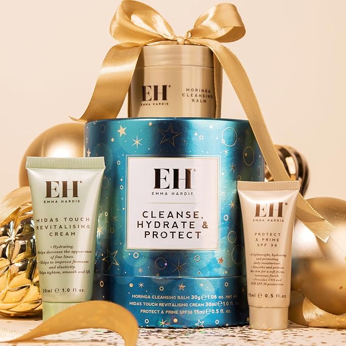 Emma Hardie Cleanse, Hydrate & Protect Gift Set: 30ml Moringa Cleansing Balm, 30ml Midas Touch Revitalising Cream & 15ml Protect & Prime SPF30 Sunscreen Face Moisturiser, Natural & Cruelty Free-VivaGrace Women