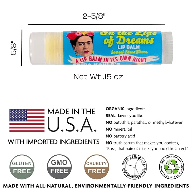Frida Kahlo's On the Lips of Dreams Lip Balm Tube, Citrus Flavored - Cruelty-Free and Made in the USA from Natural and Imported Ingredients-VivaGrace Women