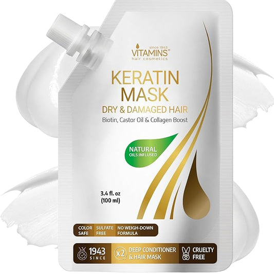 VITAMINS hair cosmetics Keratin Hair Mask - Deep Repair Conditioner with Biotin & Castor Oil - For Damaged, Dry, Curly, Straight, Thin & Fine Hair - Intense Collagen Protein Treatment-VivaGrace Women