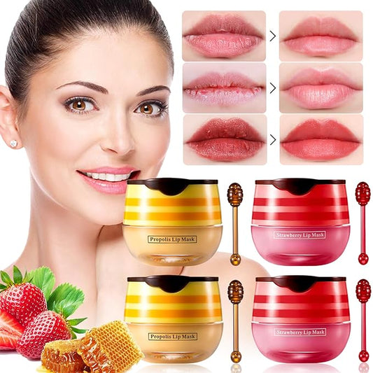 4 PCS Bee Honey Lip Balm Honey Pot, Strawberry & Bee Honey Lip Mask, Reduces Lip Lines, Hydrate & Moisturizing Lip Skin Care, Prevention Dry Cracked Lips, Bee Honey Lip Balm for Lip Repair Treatment-VivaGrace Women