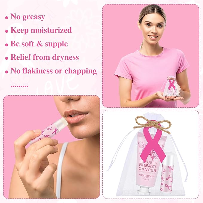 50 Set Breast Cancer Awareness Gifts Bulk Woman Pink Ribbon Lip Balm Hand Cream Include 50 Lip Balm 50 Hand Cream 50 Bag 50 Tag Breast Cancer Awareness Month Items Survivors Offices-VivaGrace Women
