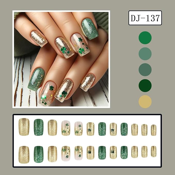 St. Patrick's Press on Nails Medium Square Fake Nails Gold Green Glitter False Nails Full Cover Clover Stick on Nails Green Glue on Nails Artificial Acrylic Nails for Women 24Pcs