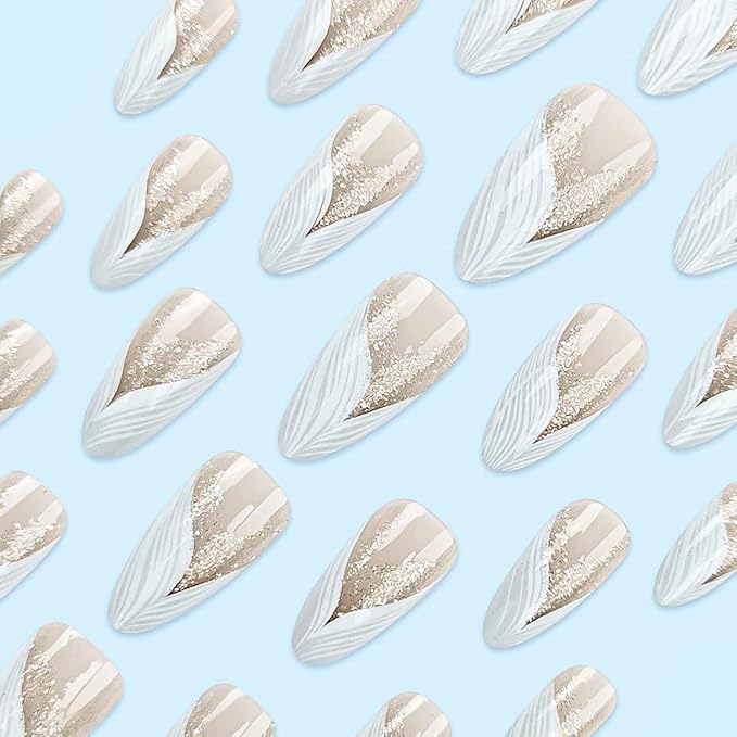 Almond Press on Nails White French Tip Fake Nails Medium False Nails with Silver Glitter Designs Almond Nail Press ons Nude Full Cover Glue on Nails Cute Stick on Nails for Women 24Pcs