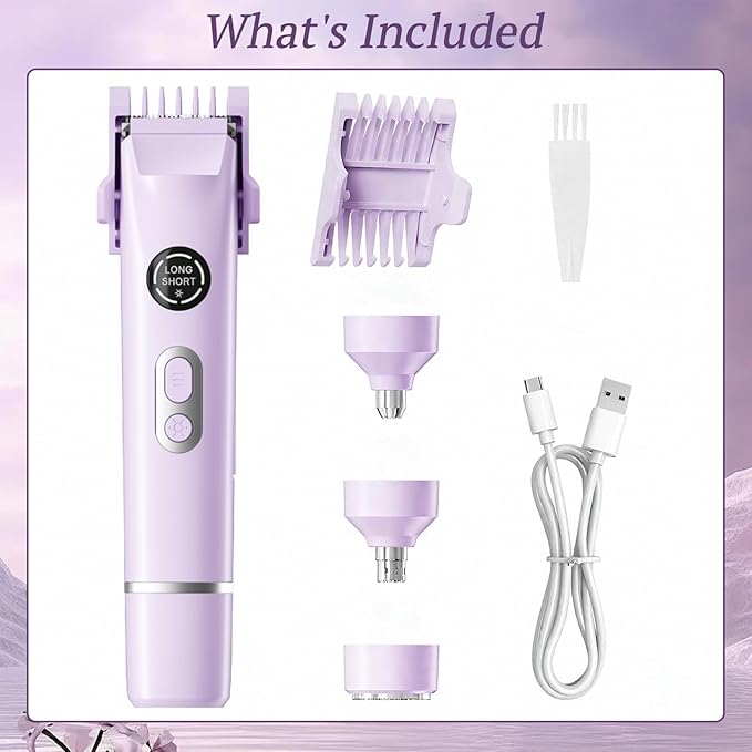 Bikini Trimmer for Women, 4 in 1 Wet/Dry Electric Razors for Women - Dual Head, Painless Rechargeable Portable Womens Razors for Shaving Set for Face, Nose, Eyebrows, Armpits, Bikini Area (Purple)-VivaGrace Women