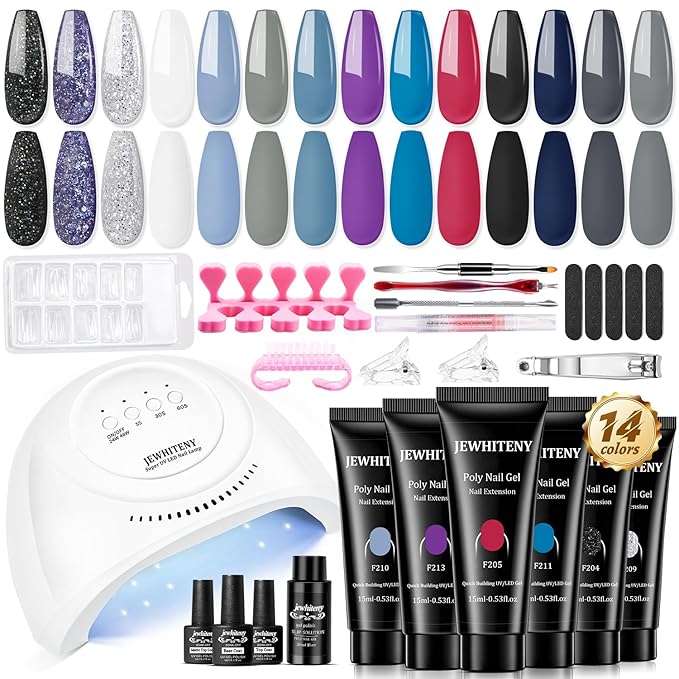 JEWHITENY Poly Nail Gel Kit 14 Colors Purple Nude Grey Black Blue Glitter Tones Starter Kit with UV Lamp Matte & Glossy Top & Base Coat All-in-One Designs DIY At Home-VivaGrace Women