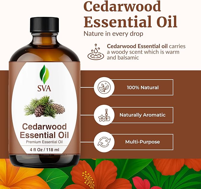 SVA Cedarwood Essential Oil – 4 Fl Oz – 100% Natural Cedar Cupressus Funebris Oil - for Diffuser, Hair Care, Face, Skin Care, Aromatherapy, Scalp and Body Massage, Soap and Candles - with Dropper-VivaGrace Women
