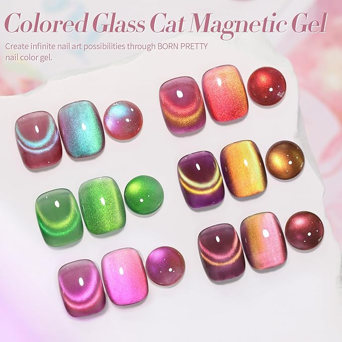 Born Pretty Cat Magnetic Eye Gel Nail Polish Rainbow Aurora Cat Magnetic Gel Polish Pink Green Blue Yellow Glitter Holographic Cat Magnetic Eye Gel Manicure Nail Art DIY, Firefly Aurora Series 6PCS-VivaGrace Women