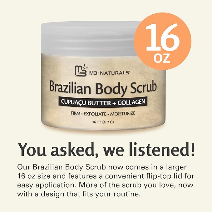 Firming & Moisturizing Brazilian Body Scrub, Gentle Body Exfoliator with Cupuacu Butter, Jojoba Oil & Collagen, 16 oz (453 g) by M3 Naturals-VivaGrace Women