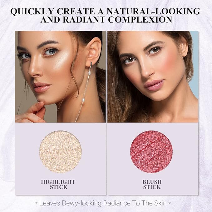 2Pcs Cream Blush Highlighter Makeup Stick Makeup Set for Girls and Women #T Cherry Blush-VivaGrace Women