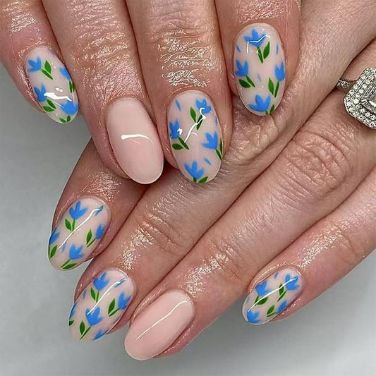Almond Press on Nails Spring Medium Fake Nails with Green Leaf Design Blue Floral Glue on Nails Glossy Nude False Nails Reusable Summer Nails for Women Girls Daily Manicure 24pcs