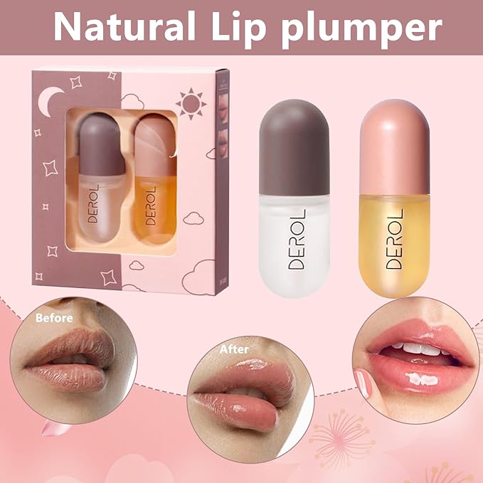 DEROL 2Pcs Natural Lip Plumper, Plant Extracts Plumping Lip Serum, Lip Enhancer Including Day and Night Lip Plumping Balm, Lip Care Serum for Fuller & Hydrated Sexy Lip (5.5MLX2)-VivaGrace Women