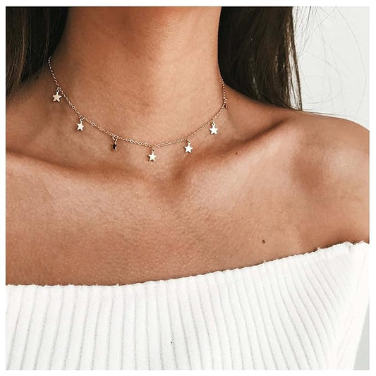 Bohemia Star Necklace Star Dangle Choker Necklace Gold Stars Short Necklace Minimalist Star Tassel Chain Necklace Jewelry for Women and Girls-VivaGrace Women