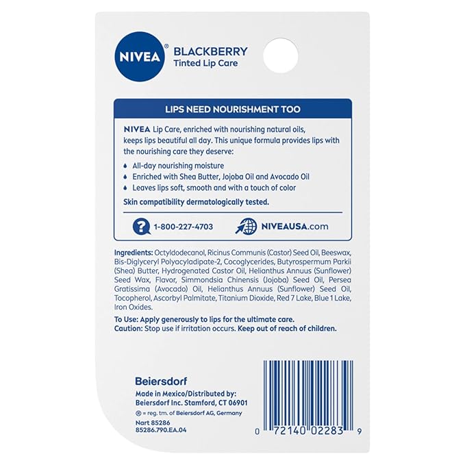 Nivea Lip Balm Hydrating, 0.17 Oz, Enriched with Avocado & Jojoba for Soft, Smooth Lips, Hydrating Lip Balm Includes Moofin Wooden Comb, Blackberry Scent, Lip Balms & Moisturizers, [Pack of 4]-VivaGrace Women