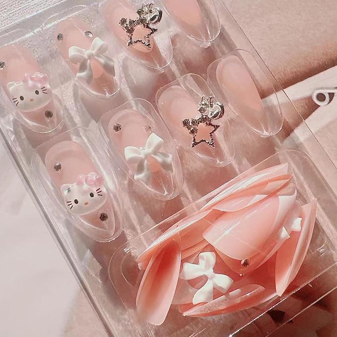 French Tip Press on Nails - Pink Cute Almond Fake Nails - White French Nail Cartoon Press ons Bow Star False Nail Tips Stick on Artificial Rhinestones Nails for Women 24pcs