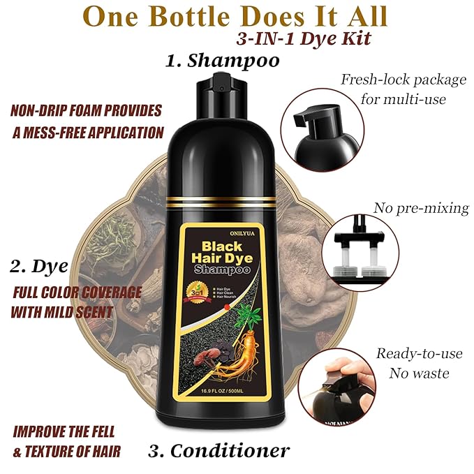 Instant Black Hair Dye Shampoo 3- in-1, 100 Percent Gray Coverage, Magic in 15 Minutes for All Types, Natural Women & Men, Color Depositing Conditioner, Easy to Use-VivaGrace Women