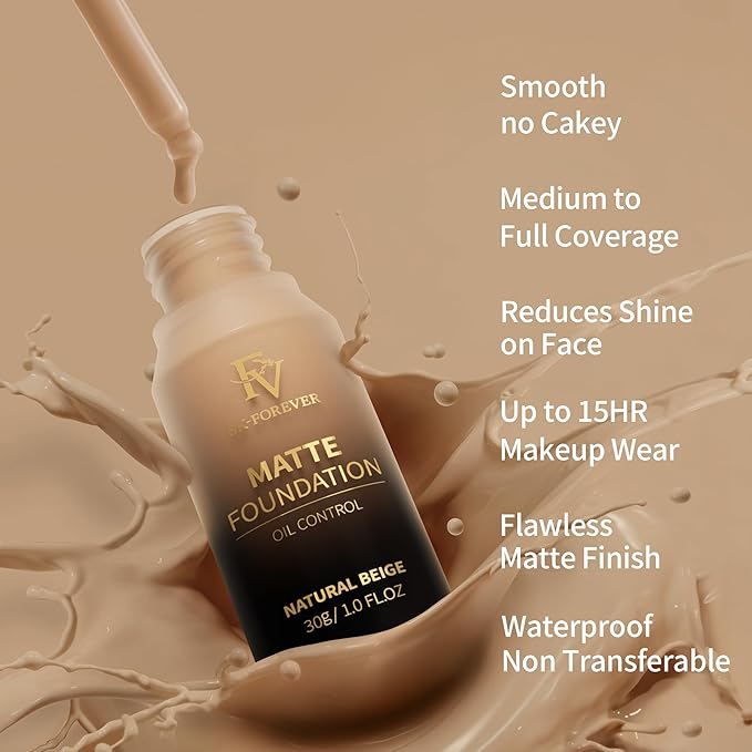 FV Full Coverage Liquid Foundation Makeup, Long Lasting Matte Foundation with Flawless Finish, Concealing & Minimizing Pores, Oil Control Waterproof for Oily Combination Skin, 1 Fl. Oz (Natural Beige)-VivaGrace Women