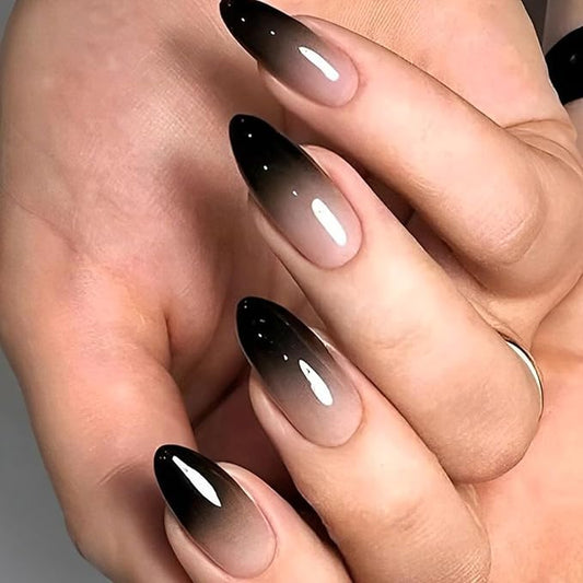 Ombre Black Fake Nails Medium Almond Press on Nails with Designs False Nails Glossy Glue on Artificial Nails for Women and Girls