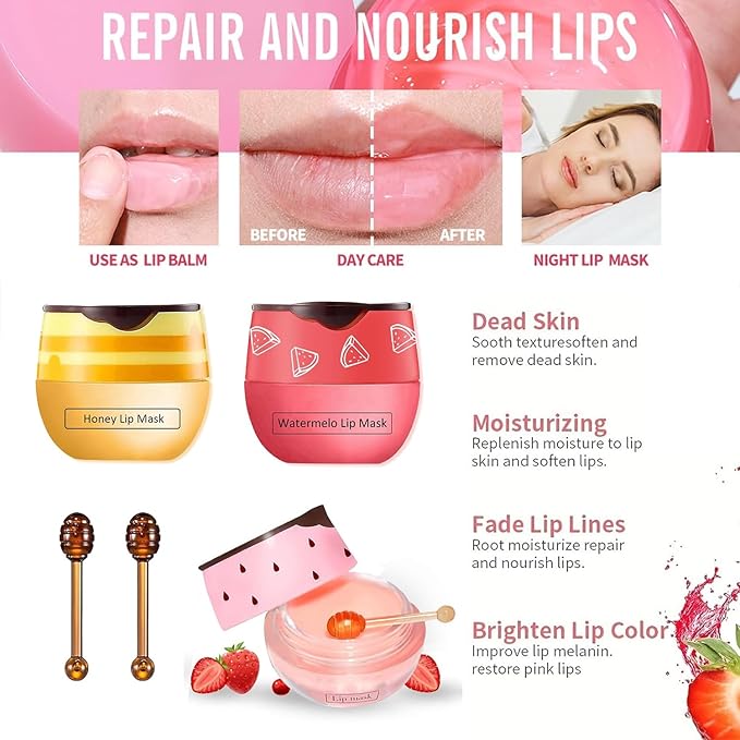 Bee Lip Balm Honey Pot, Watermelon Sleeping Lip Mask Overnight Hydrating Dry and Crack Lip Exfoliator Scrubs Propolis Lip Balm (Watermelon)-VivaGrace Women