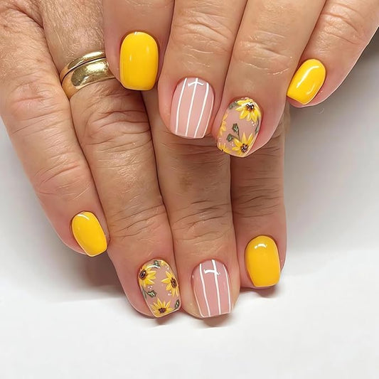 Sunflower Press on Nails Short Fake Nails Square Shape False Nails Summer Yellow Acrylic Nails Cute Flowers Stick on Nails Short Artificial Nails for Women Finger Manicure Decorations, 24Pcs