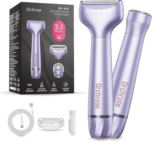 Electric Razor for Women Body: Rechargeable Painless Electric Shaver for Bikini Face Body Legs Underarms - 3-in-1 Blade and Rotary Shaving Head (Purple)-VivaGrace Women