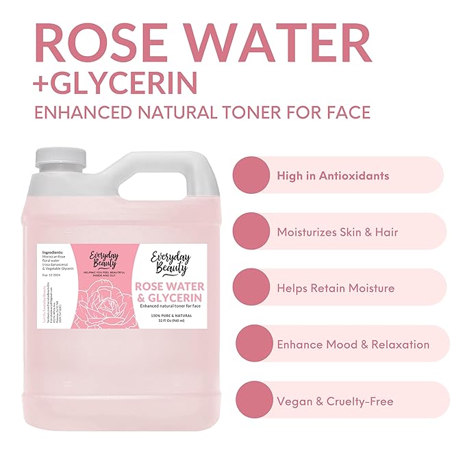 Rose Water & Glycerin Enhanced Facial Toner - 32oz Bulk Alcohol-Free Vegan All Natural Refreshing for Face and Hair - Uplifts, Calming & Soothing for All Skin Types…-VivaGrace Women