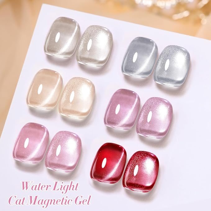 Born Pretty Magnetic Gel Nail Polish Water Light Cat Magnetic Eye Jelly Pink Glass Crystal Gel Polish Glitter Shimmer Auroras Nail Polish LED Nail Art Manicure Kit 6PCS-VivaGrace Women