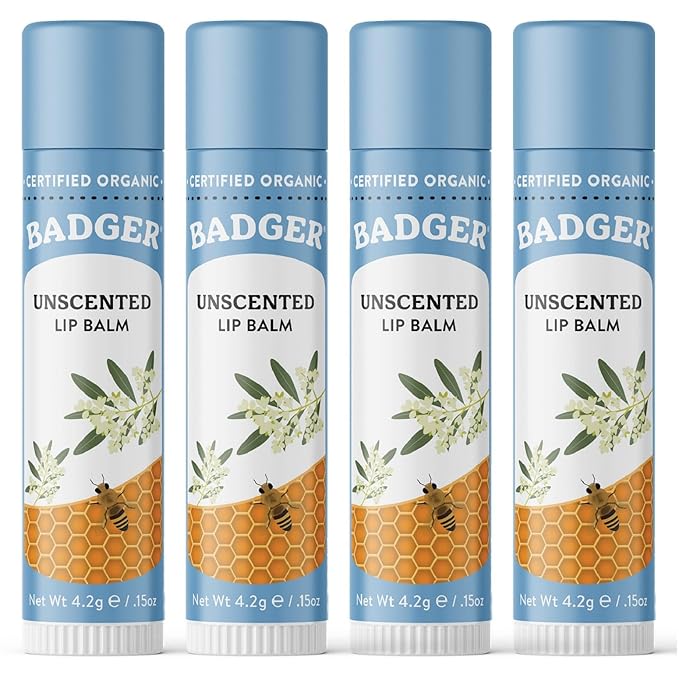 Badger - Classic Lip Balm, Unscented, Made with Organic Olive Oil, Beeswax & Rosemary, Certified Organic, Moisturizing Lip Balm, 0.15 oz (4 Pack)-VivaGrace Women