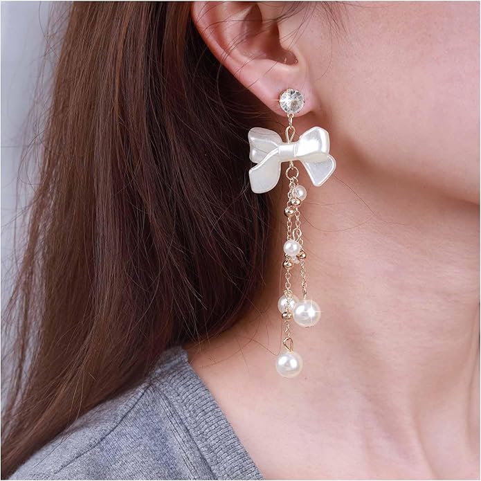 Vintage Crystal Pearl Drop Earrings Pearl Bow Dangle Earrings Long Pearl Tassel Chain Earrings Cz Bow Stud Earrings Jewelry for Women-VivaGrace Women