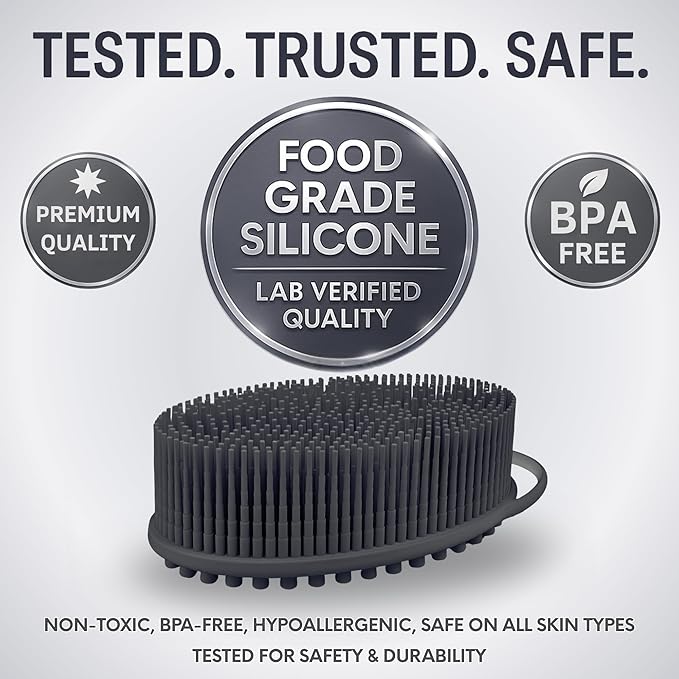 Avilana Silicone Body Scrubber – Gentle Shower Brush & Loofah Alternative- Food Grade & Lab Tested – Fast-Drying, Hygienic, BPA-Free Silicone Body Gentle Exfoliator (Dark Gray, Massage)-VivaGrace Women