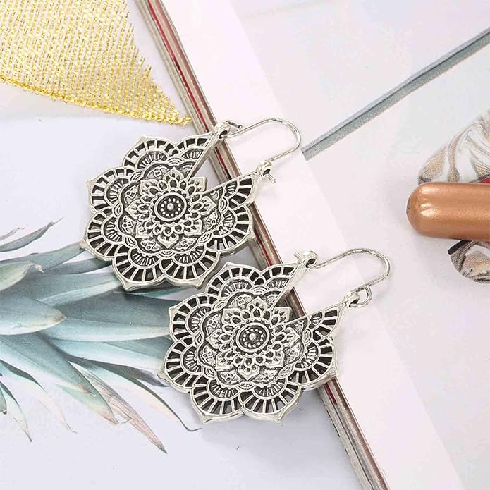 Boho Mandala Flower Earrings Gold Drop Dangle Earrings Tribal Earrings Vintage Ethnic Hoop Earrings Jewelry for Women and Girls-VivaGrace Women