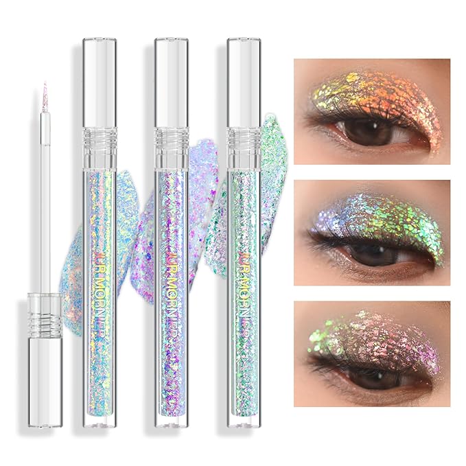 Multichrome Liquid Eyeshadow Set, 3 Colors Multi-Dimensional Eye Liner Makeup, High Pigment Waterproof Metallic, Ultra Fine Tip Glitter (A01+A02+A03)