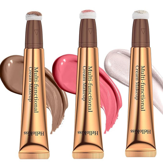 3PCS Liquid Contour Beauty Wand, Liquid Blush Highlighter Makeup Stick with Applicator, Cream Bronzer Stick Natural Matte Finish, Lightweight Blendable Cream Contour Highlighter Blush Wand-VivaGrace Women