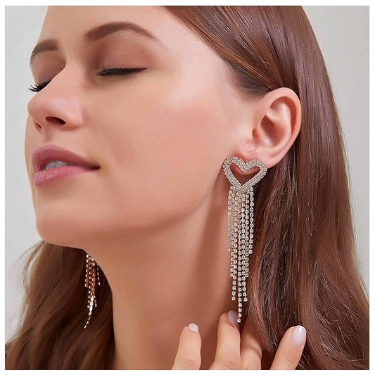 Boho Rhinestone Heart Tassel Earrings Long Tassel Chain Dangle Earrings Silver Crystal Cz Love Heart Studs Earrings Long Chandelier Dangle Earrings Wedding Cz Fringe Chain Earrings Jewelry for Women and Girls-VivaGrace Women