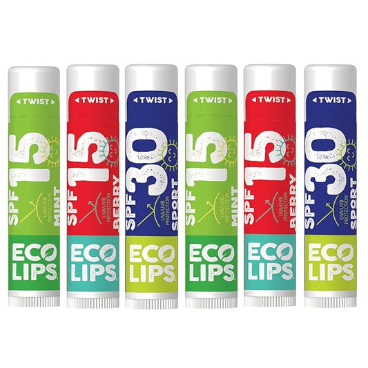 Eco Lips Classic Variety Broad Spectrum Sunscreen Lip Balm 6-Pack (Berry, Sport, Mint) - 100% Plastic-Free Plant Pod Packaging - Made in USA-VivaGrace Women