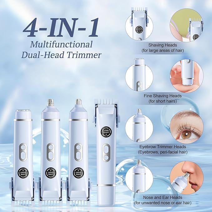 Bikini Trimmer for Women, 4 in 1 Wet/Dry Electric Razors for Women - Dual Head, Painless Rechargeable Portable Womens Razors for Shaving Set for Face, Nose, Eyebrows, Armpits, Bikini Area (Blue)-VivaGrace Women