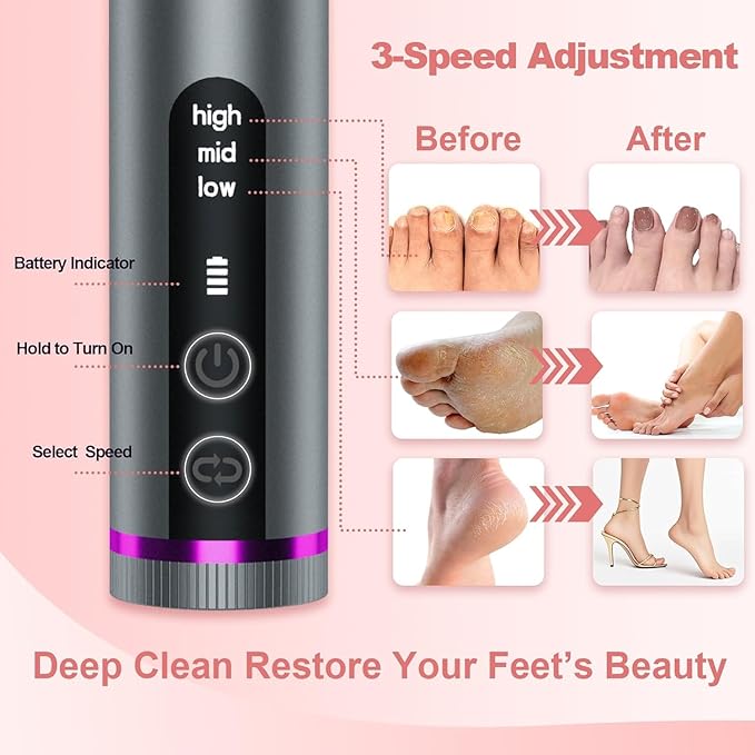 Electric Callus Remover for Feet, 3 Speeds Electric Foot Callus Remover with Powerful Brushless Motor, 2600mAh Runs for 7Hours, Washable Nano Glass Head, 60 Pcs Sandpaper Discs, Gift for Women & Men-VivaGrace Women