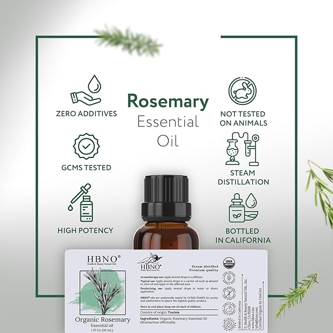 HBNO California Bottled Organic Rosemary Essential Oil 1 fl oz (30ml) - USDA Certified Organic Rosemary Essential Oil for Aromatherapy, Soap Making, DIY, Fragrances, Diffuser-VivaGrace Women