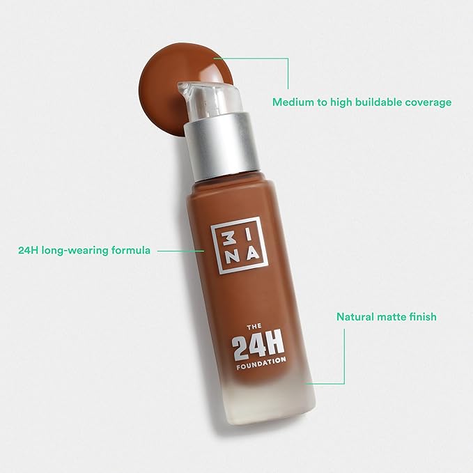 3INA The 24H Foundation 672-24H Long-Wearing Formula - Medium To High Buildable Coverage - Smooth Matte Finish - Expanded Shade Selection - Waterproof, Cruelty Free, Vegan Makeup - 1.01 Oz-VivaGrace Women
