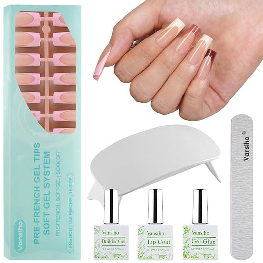 Vansiho French Gel Nails Kit - Long Square French Tip Press on Nails Kit, Nail Gel and Nail Lamp for Gift and Nail Art DIY