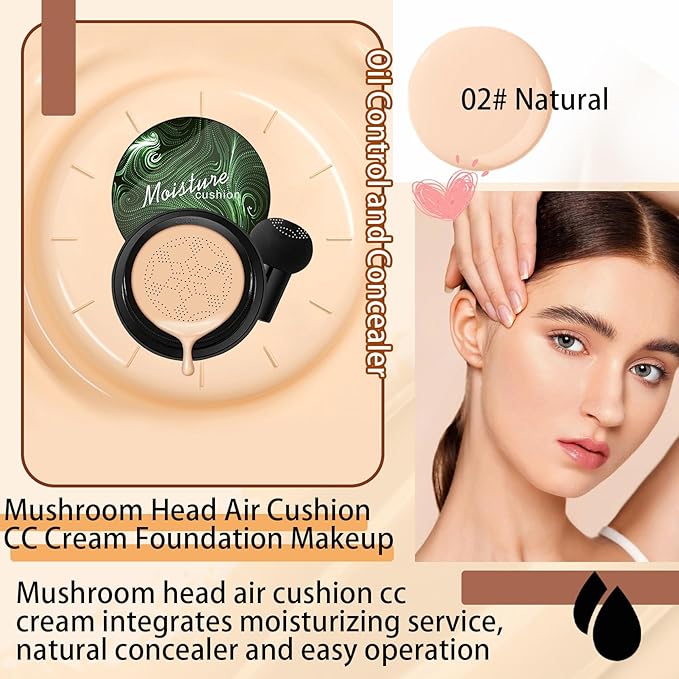 Mushroom Head Air Cushion CC Cream Foundation Makeup,Moisturizing Non-Greasy BB Cream Foundation,Long Lasting Matte Concealer Full Coverage Face Makeup Liquid Foundation for All Skin Types(Natural)-VivaGrace Women