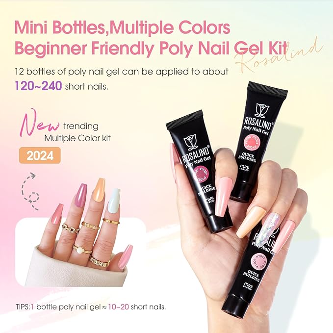 ROSALIND Poly Nail Gel Kit -14 Colors Nail Art Accessories kit Clear Nude Nail Extension Gel Starter with Slip Solution White Nude Pink Nail Extensions Gels Set with Mini UV Lamp-VivaGrace Women