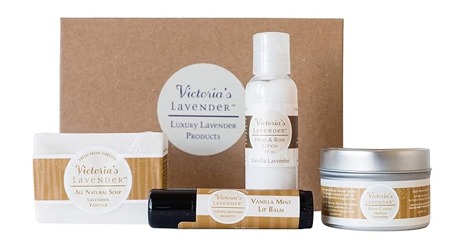 Victoria's Lavender Natural Body Products Gift Set - Handmade Soap, Hand & Body Lotion, Lip Balm, Body Candle Skin Care Sets & Kits, Lavender Bath and Body Products for Women, Vanilla Lavender-VivaGrace Women