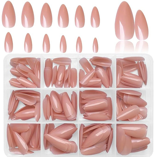LoveOurHome 240pc Almond Press on Nails Medium Length, Colored Nude Fake Nail Tips Full Cover Artificial Fingernail French Stiletto Manicure with Adhesive Tabs for Women Girls Kids