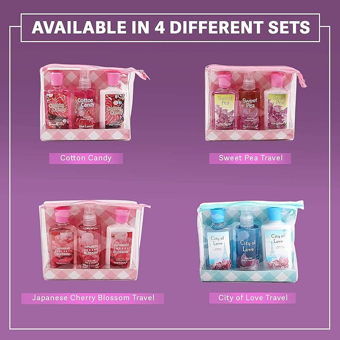 Bath & Body Care Travel Set - Home Spa Set with Body Lotion, Shower Gel and Fragrance Mist, Valentines Day Gifts for Her and Him(Cotton Candy)-VivaGrace Women