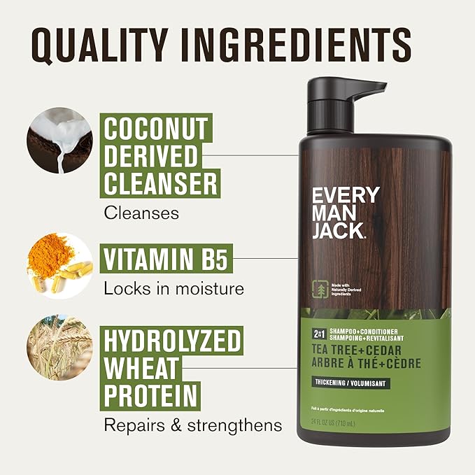 Every Man Jack 2-in-1 Tea Tree + Cedar Shampoo + Conditioner - Thicken, Cleanse, and Hydrate Hair with Coconut, Aloe, Tea Tree Oil - Naturally Derived and No Harmful Chemicals - 24oz -1 Bottle-VivaGrace Women