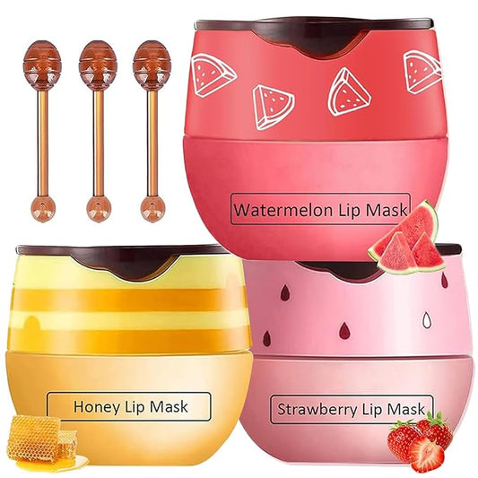 3 PCS Bee Lip Mask Honey Pot Lip Balm,Strawberry Watermelon Lip Mask Overnight Hydrating Dry and Crack Lip Scrubs Exfoliator Propolis Lip Sleeping Mask (Strawberry & Watermelon & Honey)-VivaGrace Women